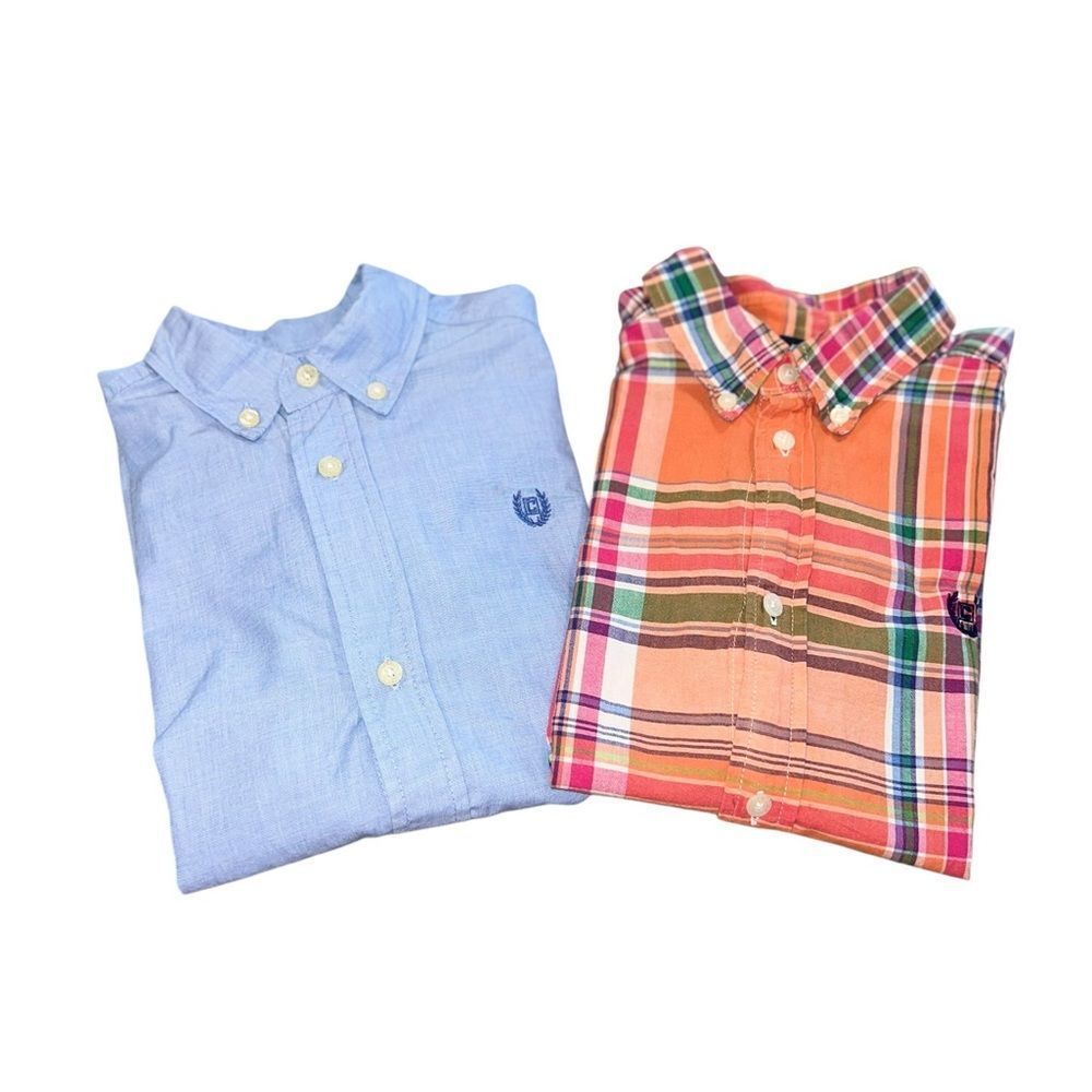 CHAPS Boys Button Down Shirt Bundle Size 7 Plaid Short Sleeve Blue Long Sleeve